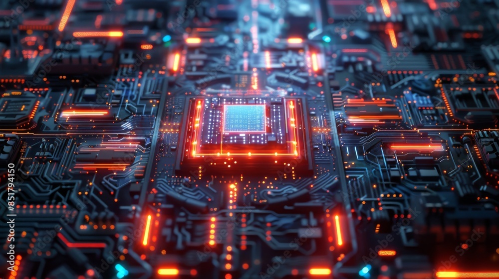 Close-up of a glowing microchip on a printed circuit board, representing technology, computing power, and the future of electronics. Close-up of a glowing microchip on a printed circuit board, representing technology, computing power, and the future of electronics.