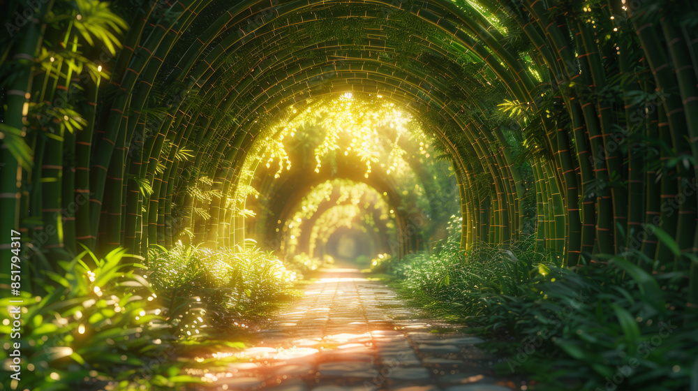 Fototapeta premium Bamboo Tunnel Reforestation for sustainable development, adding ozone to the world.