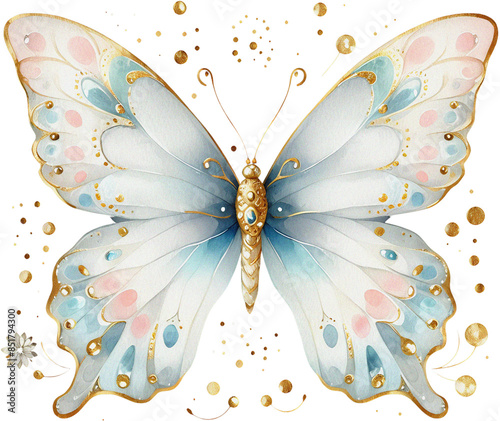 Gold butterfly watercolor pastel luxury clipart transparent background, brightly colored wings