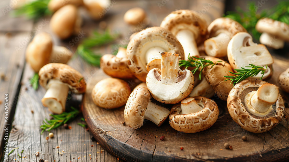 Fresh champignon mushrooms arranged on a wooden cutting board, garnished with sprigs of rosemary. Rustic kitchen setting with earthy textures and natural ingredients Fresh champignon mushrooms arranged on a wooden cutting board, garnished with sprigs of rosemary. Rustic kitchen setting with earthy textures and natural ingredients