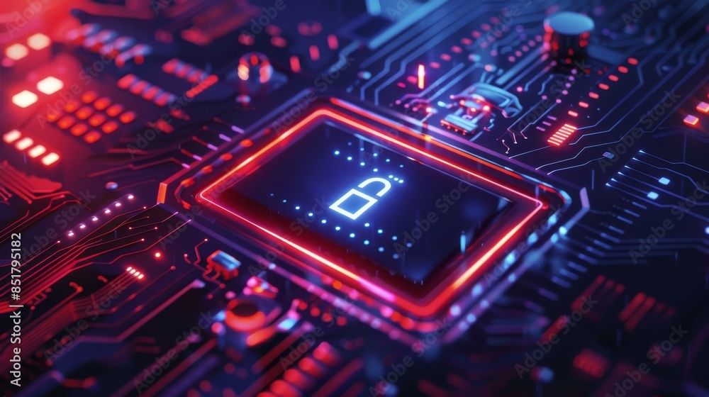 Close-up of a microchip with open padlock icon, representing cybersecurity, hacking, and data protection on a vibrant circuit board. Close-up of a microchip with open padlock icon, representing cybersecurity, hacking, and data protection on a vibrant circuit board.