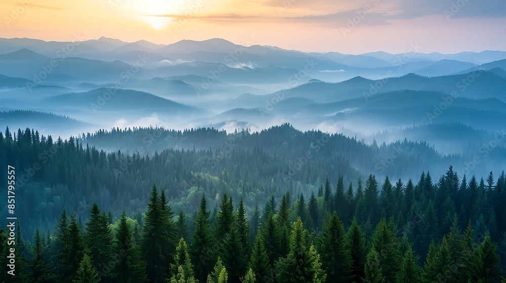 Mountain landscape with forested hills with fog in the valley at sunrise. Mountain landscape with forested hills with fog in the valley at sunrise.