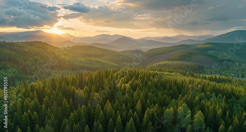 Mountain landscape with forested hills with fog in the valley at sunrise.