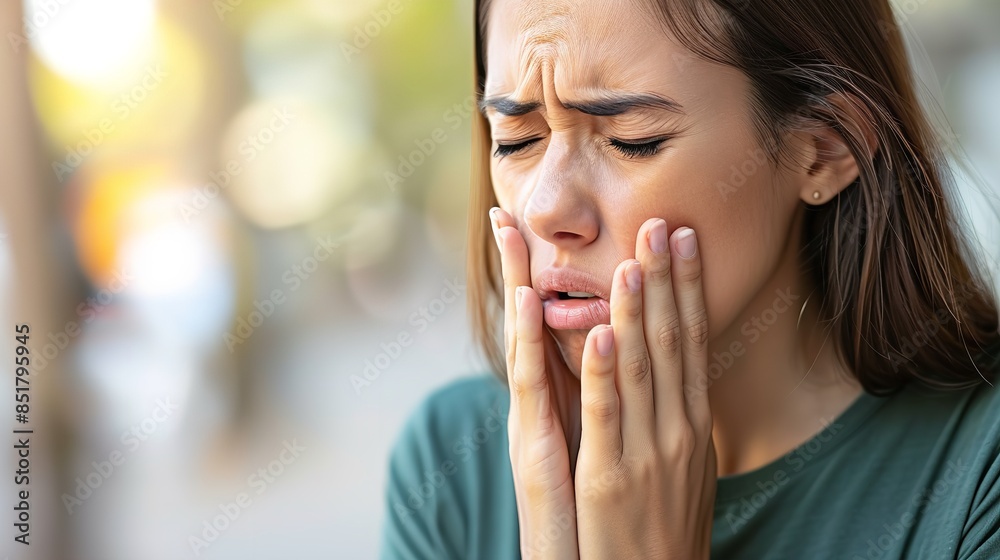 A close-up of a young woman with a pained expression on her face. She is holding her cheeks with both hands A close-up of a young woman with a pained expression on her face. She is holding her cheeks with both hands