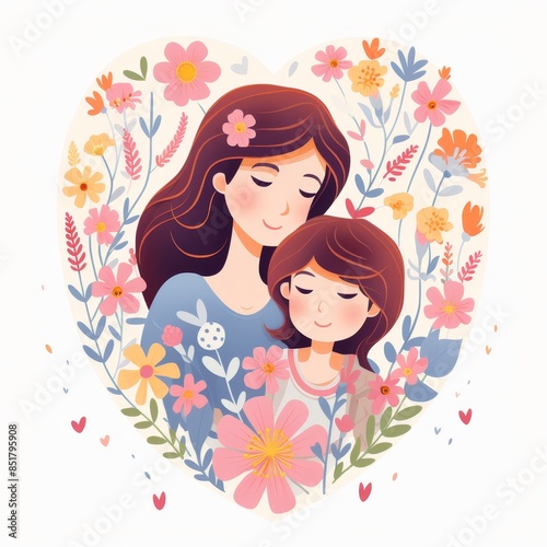 A woman and a child are hugging in a flowery heart