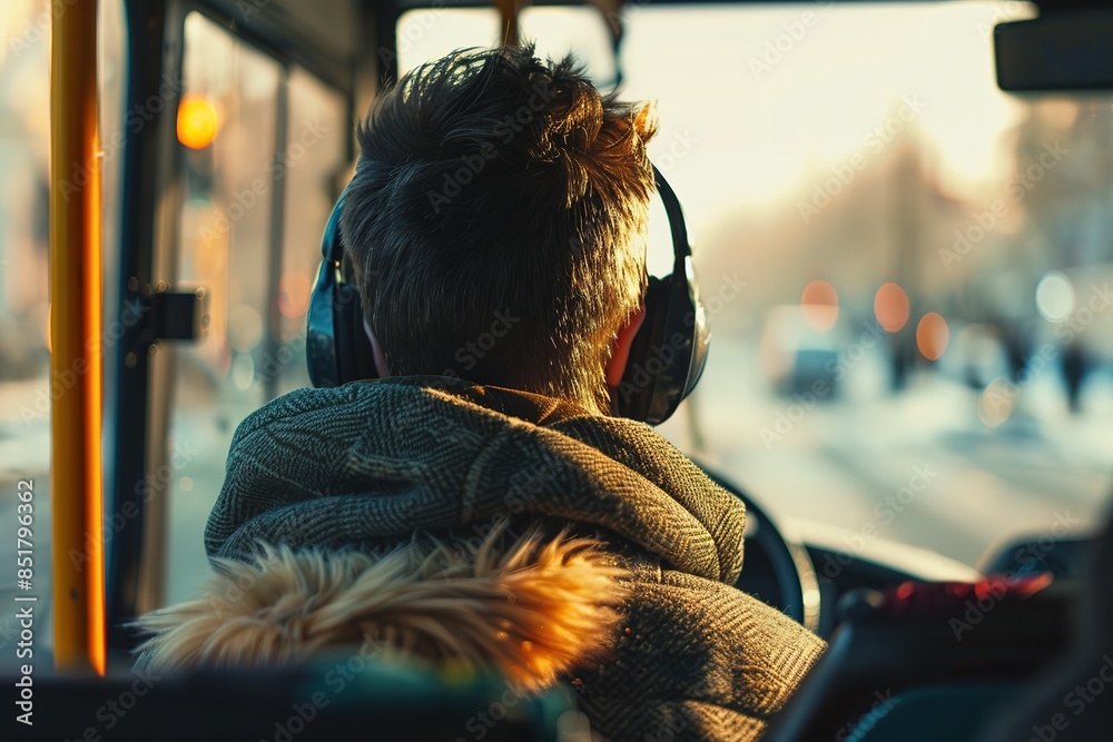 Obraz premium A passenger listens to music on the bus during a sunny commute.