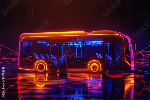 Futuristic bus with neon lights in a cyberpunk cityscape.
