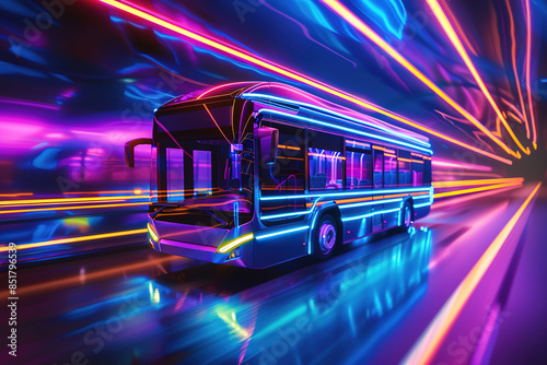 A futuristic bus speeds through a vibrant, neon-lit cityscape, conveying a sense of modern public transport.