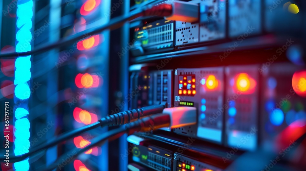© kitidach - Close-up of illuminated data center servers with blue and red lights, showcasing technology, internet and network connection in a dark setting.
