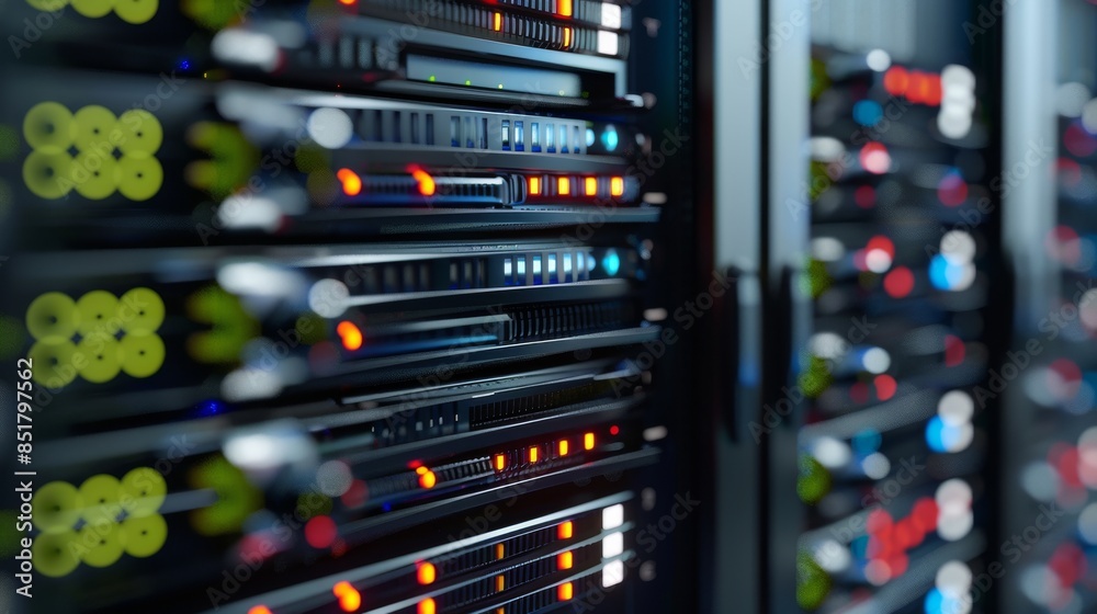 Naklejka premium Close-up of powerful server racks in data center. Modern technology for data storage and management. IT infrastructure and cybersecurity concept.