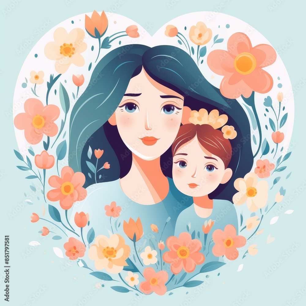 A woman and a child are hugging in a flowery heart A woman and a child are hugging in a flowery heart