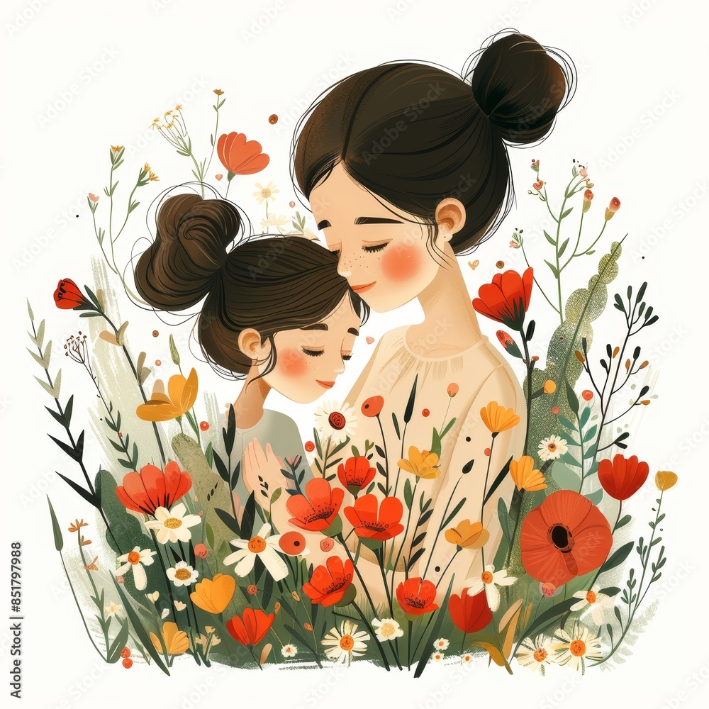 A woman and a child are hugging in a flowery heart A woman and a child are hugging in a flowery heart