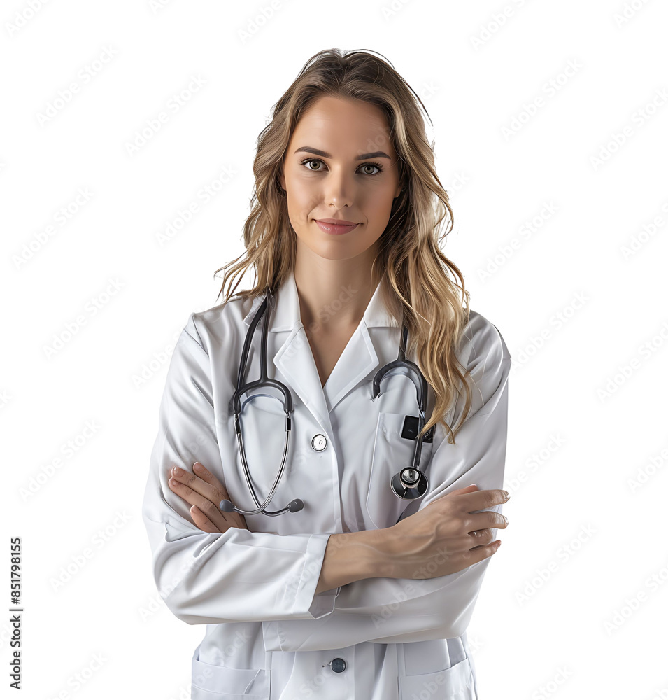 Medical concept of young female doctor in white coat with stethoscope on isolated transparent background Medical concept of young female doctor in white coat with stethoscope on isolated transparent background