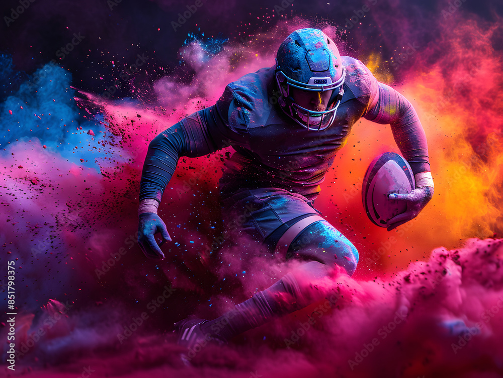 Football player runs with ball in colorful powder cloud Football player runs with ball in colorful powder cloud