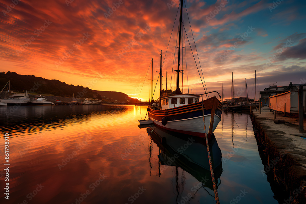 Fototapeta premium harbor during sunset, sships in a harbor during sunset, golden hour