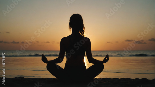 A woman meditating on yoga on a sunset beach