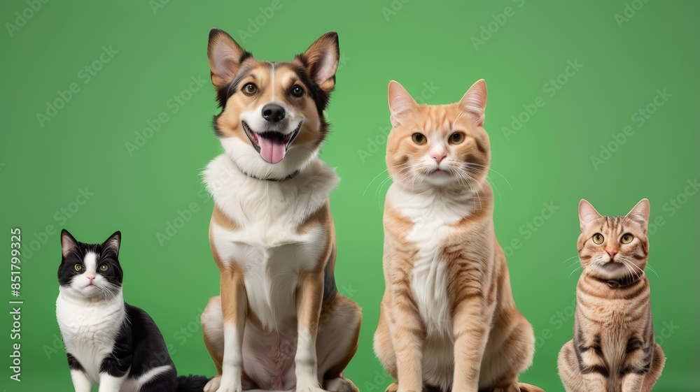 Portrait of Happy dog and cat that looking at the camera together isolated on green screen background, friendship between dog and cat, amazing friendliness of the pets. green screen background. Portrait of Happy dog and cat that looking at the camera together isolated on green screen background, friendship between dog and cat, amazing friendliness of the pets. green screen background.