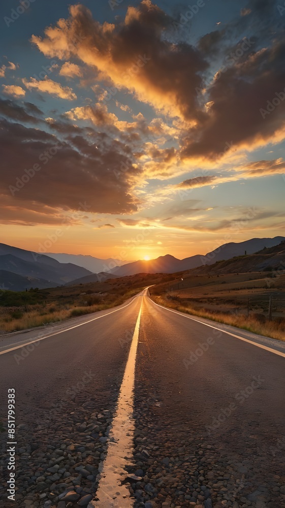 Fototapeta premium Empty old paved road in mountain area at sunset