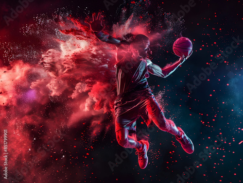 A basketball player breaks through pink dust. AI generated.
