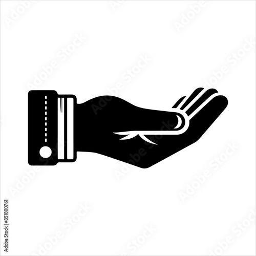 Black silhouette give alms facing up hand. Hand palm up flat icon vector illustration design.