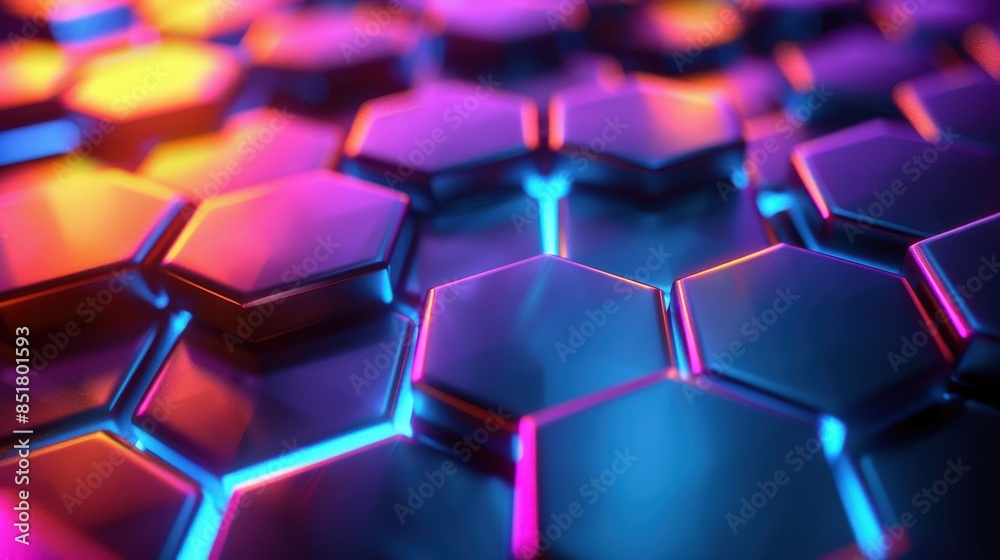 Hexagonal pattern illuminated by neon lights, creating a vibrant and futuristic 3D effect. Ideal for tech or sci-fi themed backgrounds. Hexagonal pattern illuminated by neon lights, creating a vibrant and futuristic 3D effect. Ideal for tech or sci-fi themed backgrounds.
