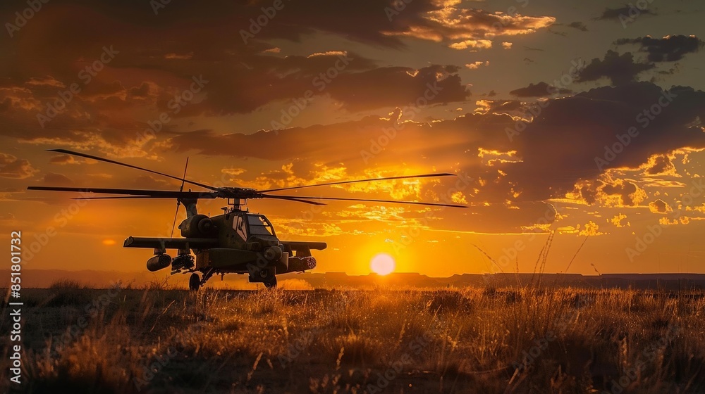 A helicopter is flying in the sky at sunset