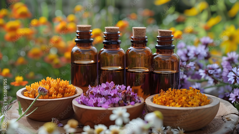 Four amber glass bottles with cork stoppers are arranged in a row, surrounded by wooden bowls filled with colorful dried flowers. The background features a vibrant garden with blooming flowers. Four amber glass bottles with cork stoppers are arranged in a row, surrounded by wooden bowls filled with colorful dried flowers. The background features a vibrant garden with blooming flowers.