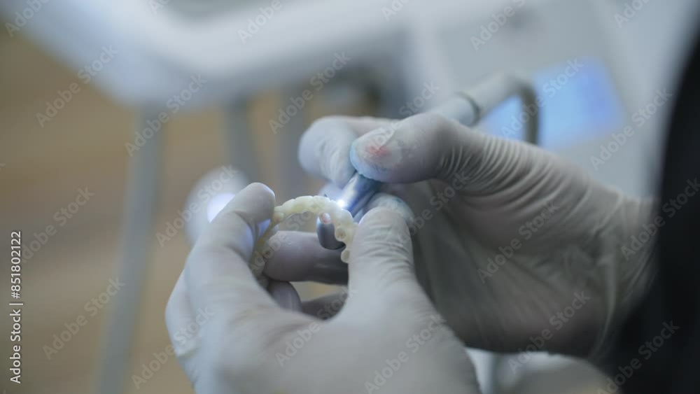 Close-up shot of a dentist's hands processing a denture. High quality 4k footage Close-up shot of a dentist's hands processing a denture. High quality 4k footage