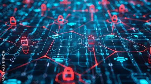 Dynamic digital cybersecurity network background with red padlock icons representing data protection and information security on a blue grid.