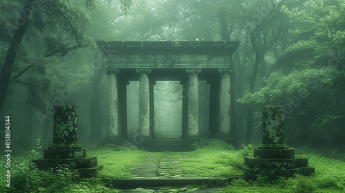 Ancient stone temple ruins surrounded by lush green forest and mist.