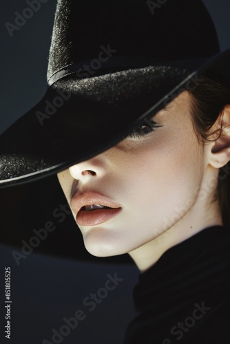 Captivating image of a model tilting her black hat forward, creating a play of light and shadow on her face. Her bold, graphic eye makeup contrasts 