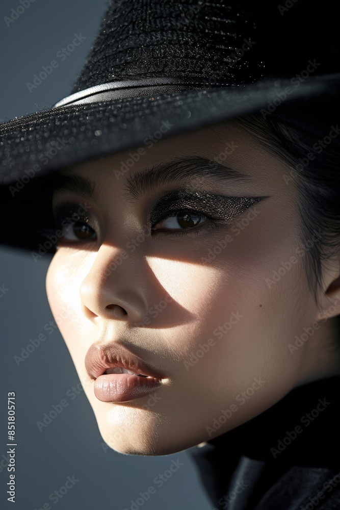 Captivating image of a model tilting her black hat forward, creating a play of light and shadow on her face. Her bold, graphic eye makeup contrasts Captivating image of a model tilting her black hat forward, creating a play of light and shadow on her face. Her bold, graphic eye makeup contrasts
