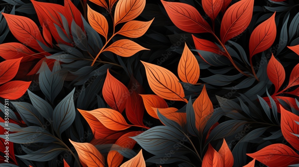 Elegant pattern of red and blue leaves on a black background is ideal for wallpaper, fabric, and packaging.