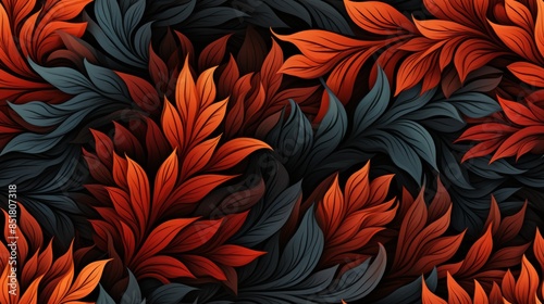 Elegant pattern of red and blue leaves on a black background is ideal for wallpaper, fabric, and packaging.