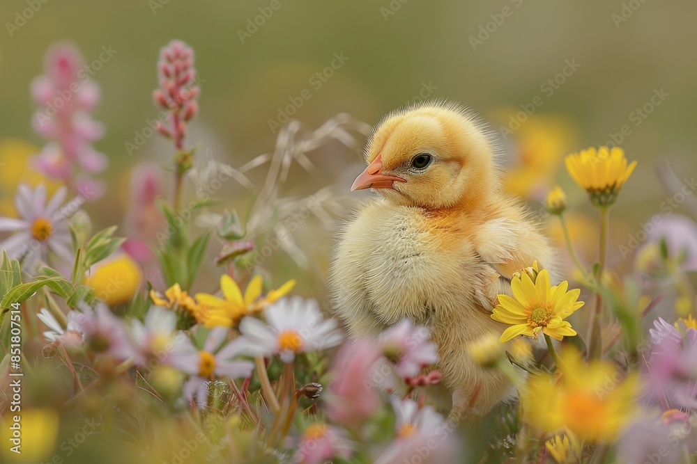 A fluffy yellow chick standing in a meadow of wildflowers, including daisies and buttercups. The chick is tilting its head to one side