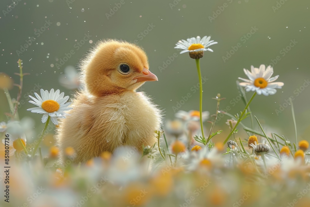 A fluffy yellow chick standing in a meadow of wildflowers, including daisies and buttercups. The chick is tilting its head to one side A fluffy yellow chick standing in a meadow of wildflowers, including daisies and buttercups. The chick is tilting its head to one side