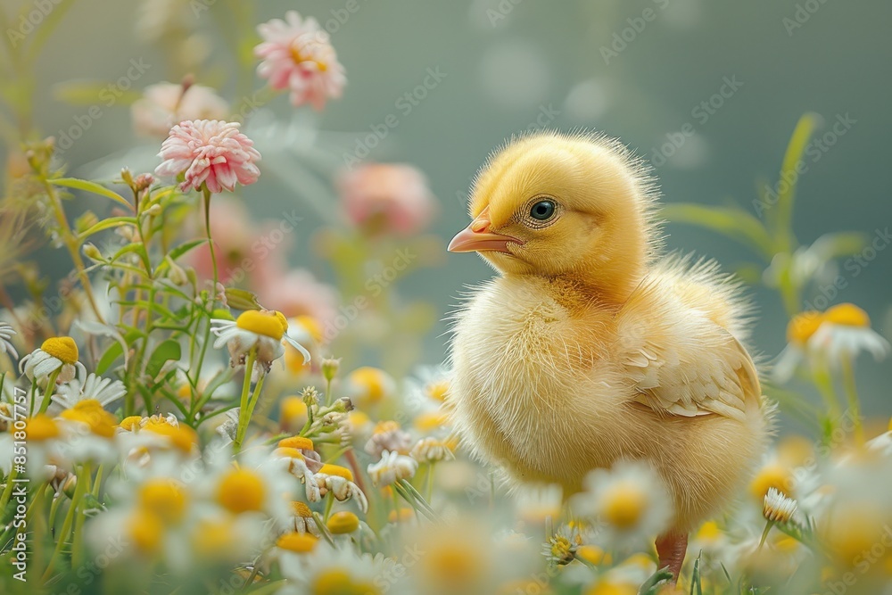 A fluffy yellow chick standing in a meadow of wildflowers, including daisies and buttercups. The chick is tilting its head to one side A fluffy yellow chick standing in a meadow of wildflowers, including daisies and buttercups. The chick is tilting its head to one side