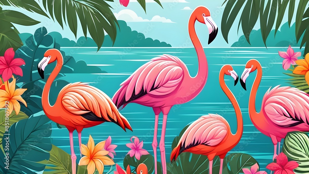 Fototapeta premium A group of flamingos are standing in a lush green jungle. The scene is vibrant and full of life, with the pink flamingos standing out against the green foliage. Concept of freedom and natural beauty