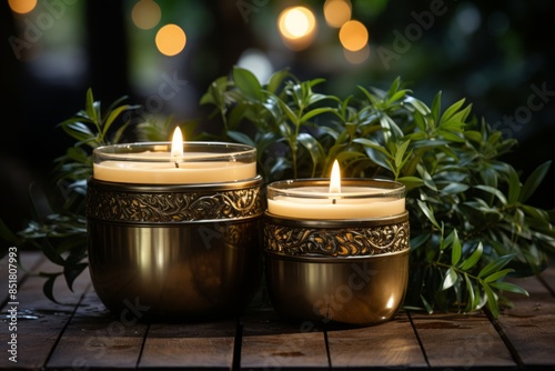Two candles sit on a wooden...