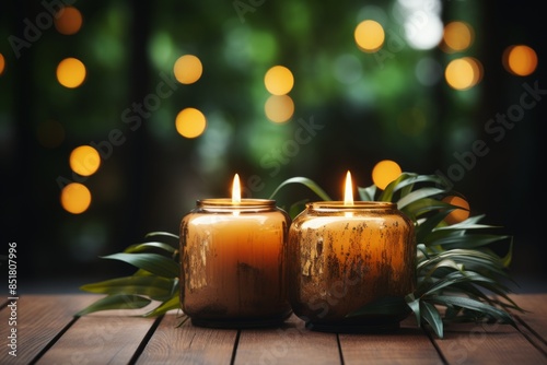 Two candles sit on a wooden...