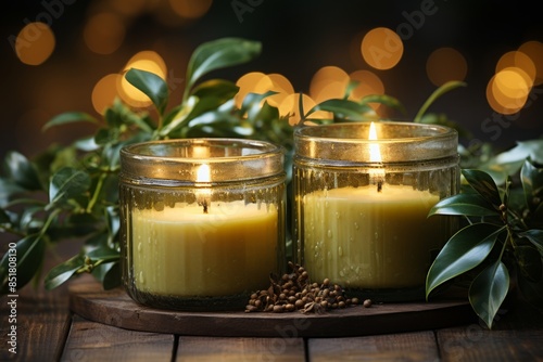 Two candles sit on a wooden...