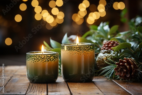 Two candles sit on a wooden...