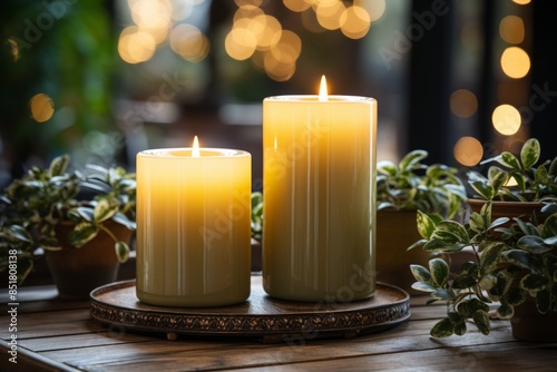 Two candles sit on a wooden...