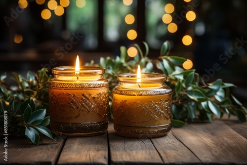 Two candles sit on a wooden...