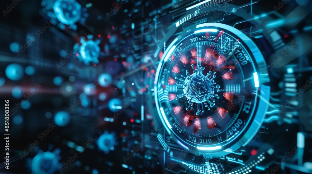 Obraz premium Futuristic digital interface with glowing blue and red elements, showcasing advanced technology concepts in a high-tech environment.