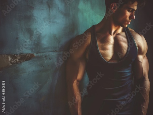 Medium shot of Muscular bodybuilder wearing tank top showing off the muscles in one arm, waist high sot photography themed background.  photo