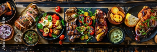 A platter of grilled chicken, vegetables, and dipping sauce served on a rustic wooden table © pham