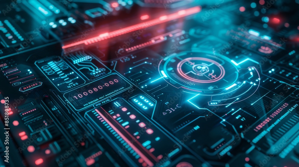 Futuristic digital interface with glowing neon lights and complex circuit boards, representing advanced technology and innovation. Futuristic digital interface with glowing neon lights and complex circuit boards, representing advanced technology and innovation.