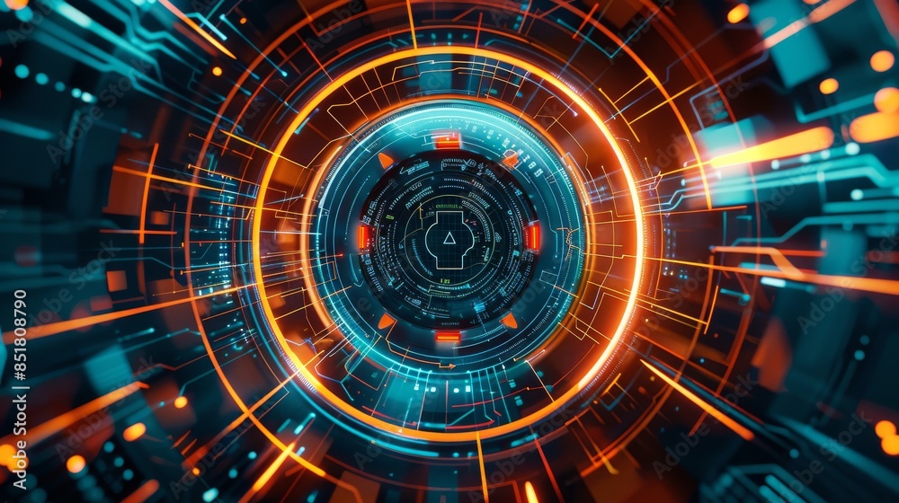 Fototapeta premium Futuristic digital interface with glowing orange and blue elements, symbolizing advanced technology and innovation.