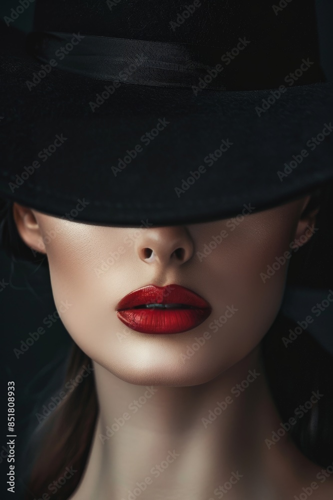 Close-up portrait of a woman with a black hat casting a slight shadow over her eyes, creating a mysterious allure. Smoky makeup accentuates her eyes Close-up portrait of a woman with a black hat casting a slight shadow over her eyes, creating a mysterious allure. Smoky makeup accentuates her eyes